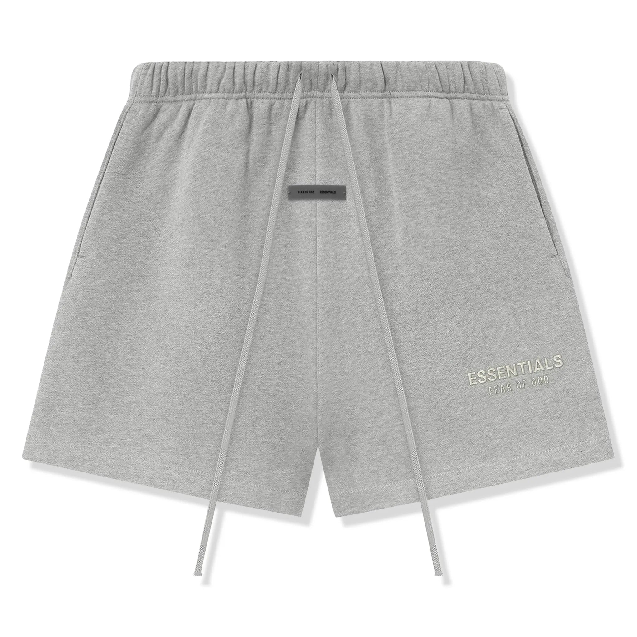 Front View of Fear Of God Essentials Classic Fleece Concrete Heather Shorts (FW25)